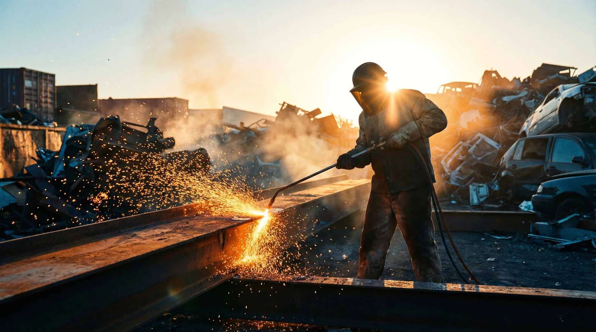 Flame cutting at scrap yard
