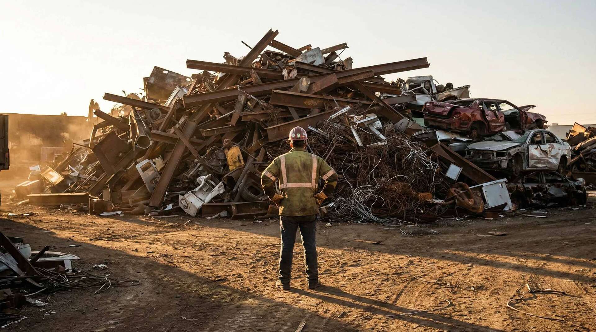 Scrap yard worker with metal waste